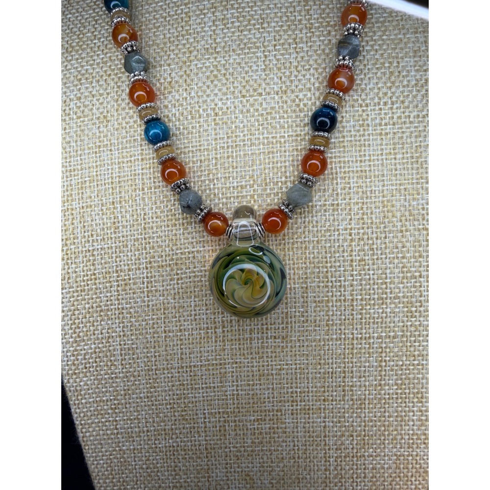 Artisan Lampwork Glass Pendant Necklace Carnelian Labradorite Apatite Beads - Picture 2 of 5